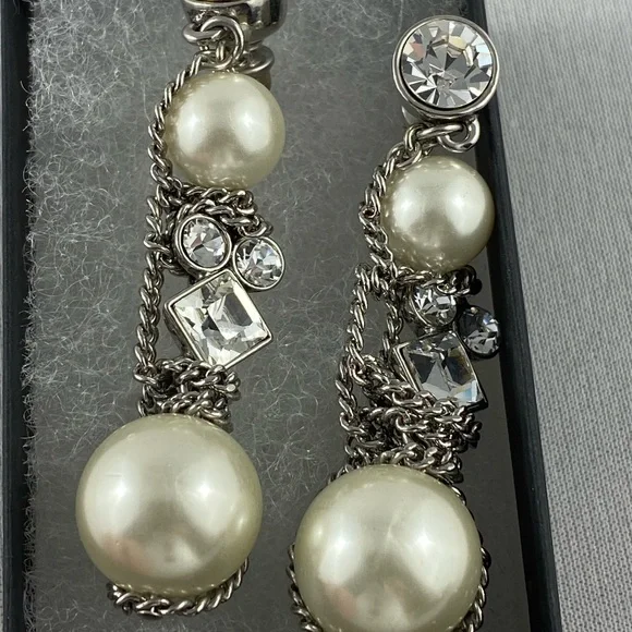 Pearl and rhinestone with silver tone chain pierced post earrings - Picture 3 of 3